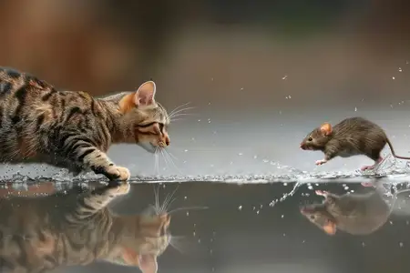 Милый котёнок игриво ловит рыбу в пресной воде озера, с полосатой тигровой шерстью и красивыми глазами