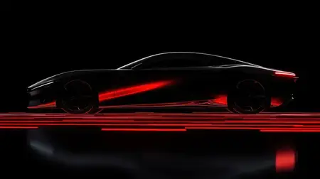 Элегантный силуэт черного автомобиля, выделенный красными неоновыми огнями на контрастном фоне