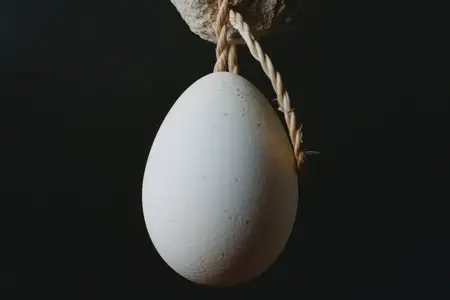 Белое яйцо, элегантно подвешенное на натуральной веревке, создающее поразительный контраст на темном фоне