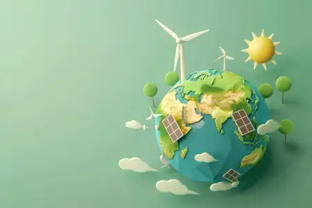 Изображение представляет собой красочное, игривое изображение Земли с деревьями, облаками и элементами возобновляемой энергии, подчеркивающее устойчивость