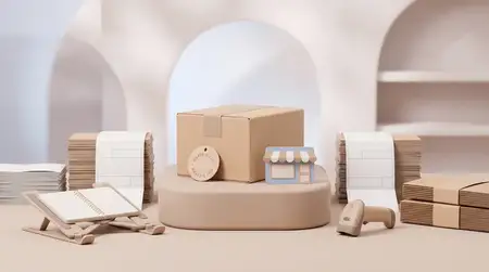 Симметричная 3D-сцена торговой площадки с коробкой для посылок, карточкой магазина и инструментами доставки для независимых продавцов