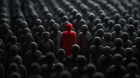 Красная фигура, заметно выделяющаяся среди множества черных силуэтов, символизирующая уникальность и человеческий опыт выделения в обществе