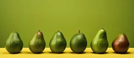 Зеленый, свежий и вкусный: яркие ломтики авокадо на минималистичном столе на фоне органических овощей и тропических фруктов