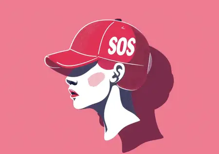 Женщина в кепке с SOS в стильной модной иллюстрации для экстренных ситуаций в путешествиях и медицинской помощи