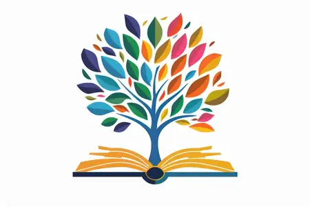 Раскрытая книга с разноцветными листьями и деревом посередине — причудливое путешествие в мир знаний и природы