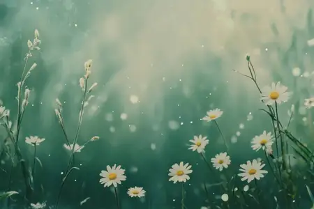 Безмятежный летний луг с ярко цветущими ромашками на фоне мягкой зелени, передающий суть природы, безмятежности и сезонной красоты для отдыха и вдохновения
