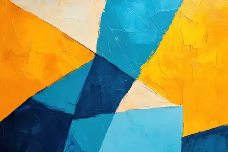 Яркое абстрактное произведение искусства с геометрическими фигурами в синих и желтых тонах, идеально подходящее для современного декора, вдохновляющее на творчество и создающее ощущение энергии в…
