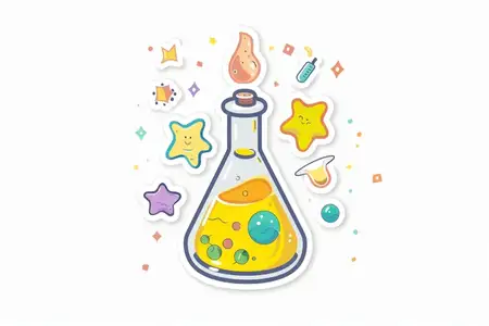 Причудливая иллюстрация лабораторной колбы, наполненной желтой жидкостью и игривыми элементами, такими как звезды и пузырьки, создающая веселую научную тему