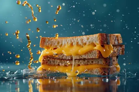 Вкусный бутерброд с вытекающим расплавленным сыром на сине-зеленом фоне, с брызгами воды, усиливающими аппетитную сцену с едой