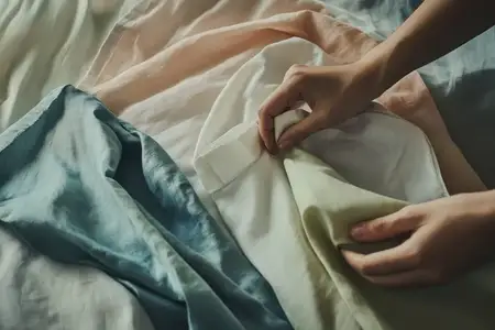 Крупный план рук, организующих яркие, фактурные льняные ткани успокаивающих пастельных тонов, вызывающий чувство творчества и заботы в текстильном дизайне и моде