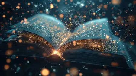 Завораживающая открытая книга, излучающая светящиеся страницы, окруженная искрящимися частицами и эффектами волшебного света