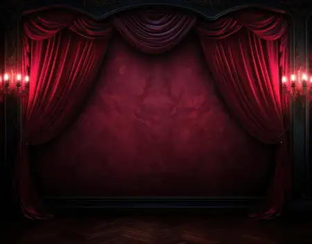 На сцене элегантного театра развевается драматичный бархатный занавес красного цвета, создавая захватывающую атмосферу театрального представления