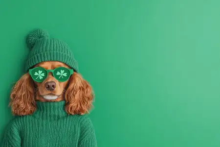 Веселая собака в праздничном зеленом наряде, включая уютный свитер, шапку-бини и очки-клевер