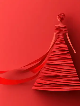 Это потрясающее произведение искусства представляет собой элегантный силуэт красного платья на ярком красном фоне, символизируя моду, женственность и сезонный стиль