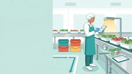 Плоская иллюстрация инспектора по качеству продуктов, проверяющего свежие продукты на гигиенической конвейерной линии, идеально подходит для контента о безопасности пищевых продуктов…