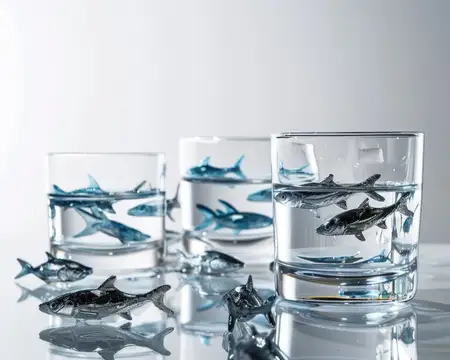 Три стакана, наполненные водой, с крошечными моделями рыб и отражающей поверхностью, подчеркивающей водную тематику
