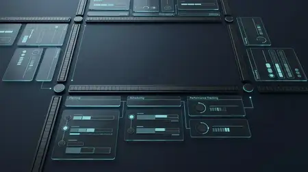 Технологичная 3D-композиция сверху: организованные модули интерфейса и свободное пространство для текста