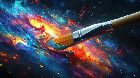 Яркое изображение кисти, наносящей яркие краски на космический фон, подчеркивает креативность и красоту вселенной с использованием синего, оранжевого и фиолетового цветов