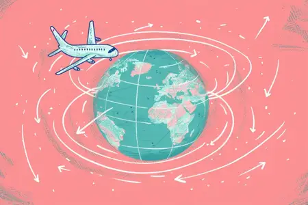 Международные маршруты: самолет облетает Землю со стрелками, символизирующими глобальные путешествия и деловые связи