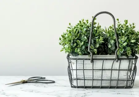 Стильная проволочная корзина с пышной зеленью в паре с ножницами на белой мраморной поверхности, создающая элегантную атмосферу