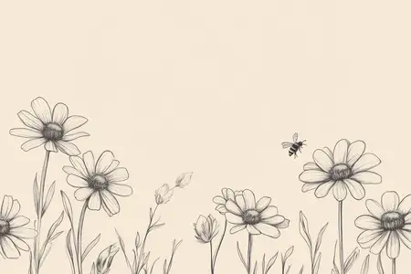 Рисованные от руки цветы и пчела на кремовом фоне создают безмятежную сцену, подчеркивающую красоту природы, весны и цветочных деталей
