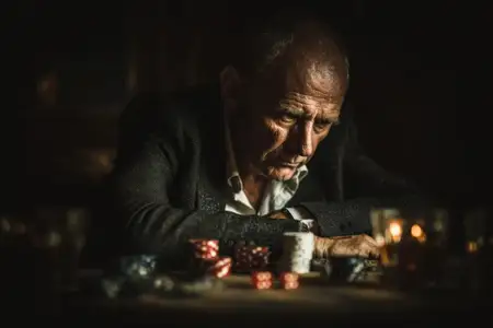 Напряженная сцена в тускло освещенной комнате, изображающая стратегию, нервы и напряжение, когда игроки взвешивают ставки, блефуют и судьбу, в то время как тени подчеркивают серьезность и решимость
