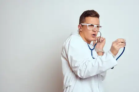 Врач в медицинском халате со стетоскопом и очками на светлом фоне