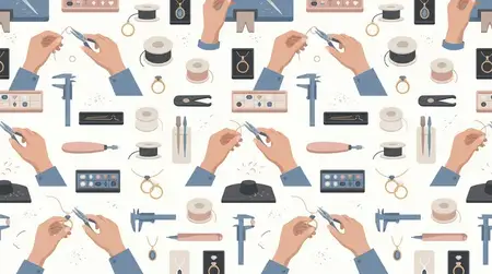 Повторяющийся мотив мастерской: инструменты для изготовления ювелирных изделий, руки и готовые работы — для брендинга, упаковки и дизайна ремесленного бизнеса