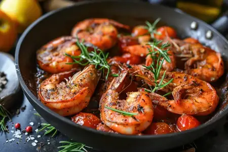 Вкусные жареные креветки с чесночно-лимонным соусом на тарелке для гурманов: вкусная и полезная закуска из морепродуктов в средиземноморском ресторане