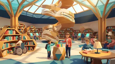 Инклюзивный атриум библиотеки в стиле low-poly: вымышленные читатели, библиотекарь, книжные полки, каталоговые киоски и лестница в виде раскрытой страницы