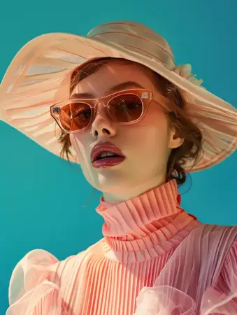 Модная женщина в шляпе и солнцезащитных очках позирует на фоне синего фона в розовом платье