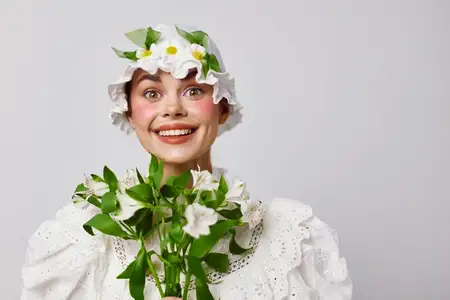 Радостная молодая женщина в цветочном платье и очаровательной шляпе держит свежие цветы, излучая счастье на светло-сером фоне