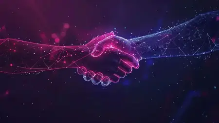 Руки, образующие рукопожатие, созданное из светящихся частиц на тёмном абстрактном фоне