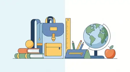 Смелая геометрическая композиция к школе: рюкзак, книги, линейка, карандаш и яблоко справа, обильное чистое негативное пространство слева для использования в премиальных социальных кампаниях