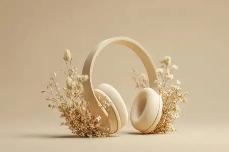 Элегантные бежевые наушники, украшенные нежными сухоцветами, подчеркивающие современный дизайн и безмятежность в спокойной, минималистичной композиции, идеально подходят для любителей музыки