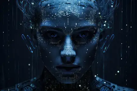 Техносапиенс: футуристическая кибернетическая голова робота с искусственным интеллектом, обладающая человекоподобными чертами