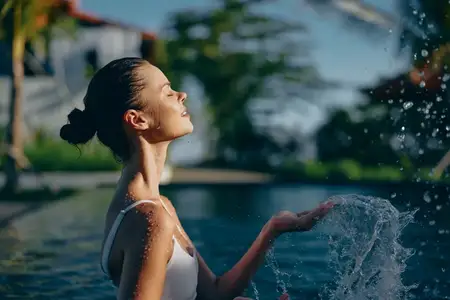 Расслабленная женщина в купальнике стоит в бассейне, вода плещется на её руку, глаза закрыты, лицо повёрнуто к солнцу