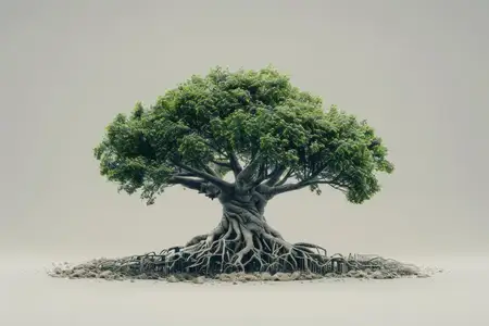Детальное изображение яркого дерева с обширными корнями, подчёркивающее его силу и связь с землёй, на мягком минималистичном сером фоне