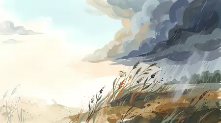 Современный пейзаж гуашью, изображающий грозовой фронт над травами, с чистым пространством слева для заголовков