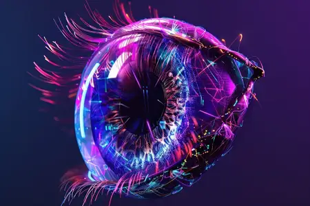 Яркий синий свет исходит из 3D-глаза на фиолетовом фоне с освещенной радужкой и зрачком