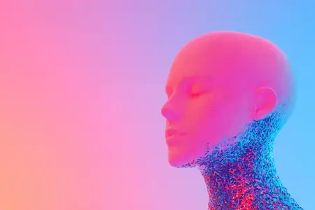 Этот футуристический 3D-персонаж с гладкой лысой головой излучает умиротворенные эмоции на фоне захватывающего розово-голубого градиента