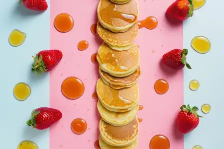 Вкусные блины, сложенные стопкой с сиропом и клубникой, на ярком розовом и голубом фоне