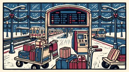 Транспортный узел в праздничный сезон, выполненный в стиле ручной резьбы по линолеуму: тележки для багажа, билетный киоск, табло маршрутов, железнодорожная платформа и зимние дорожные детали для…