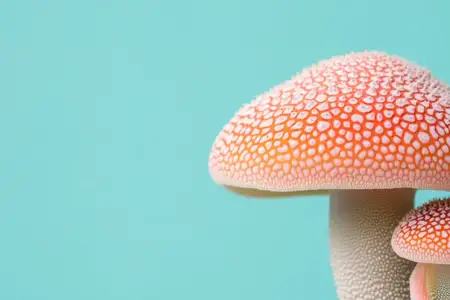 Крупный план яркого красно-белого гриба в горошек на бирюзовом фоне, демонстрирующий его замысловатую текстуру и насыщенные цвета