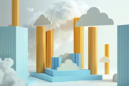 Красочная 3D-композиция со стилизованными колоннами и облаками на мягком фоне