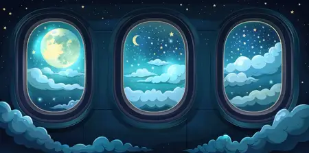 Завораживающая сцена безмятежного ночного неба, видимого из иллюминаторов самолета, с облаками, яркой луной и мерцающими звездами