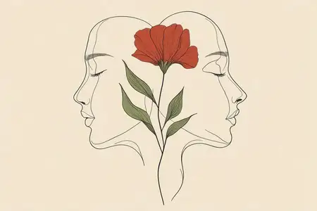 Элегантная иллюстрация в стиле линейного рисунка: два женских профиля, переплетенные с красным цветком, символизирующие красоту, женственность и связь с природой в современном минималистичном стиле