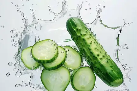 Яркий целый огурец и нарезанные кусочки, окруженные разлетающимися брызгами воды, демонстрирующие свежесть и живость на чистом белом фоне