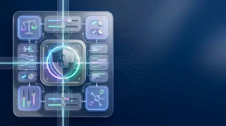 Премиальная глянцевая 3D-панель управления ответственным ИИ с замком-щитом, карточками аудита, переключателями и элементами контроля справедливости рядом с чистым свободным пространством