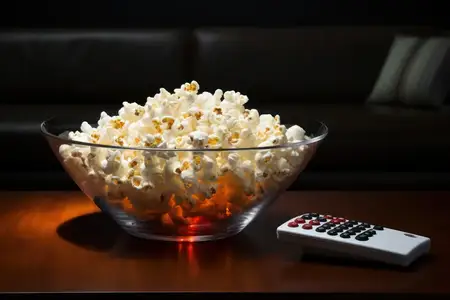 Расслабление дома с классической закуской для кино и современными развлечениями: хрустящий попкорн в деревенской миске, просмотр фильма на белом экране телевизора